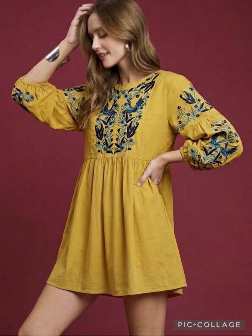 Stevie Hender Mini Dress Tunic Babydoll Embroidered Burd Floral Mustard Yellow S